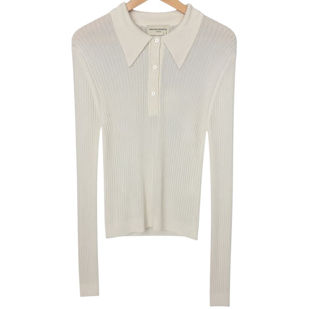 Officine Generale Jana Ribbed Knit Cream Polo Long Sleeve Top Women's M NWT $465
